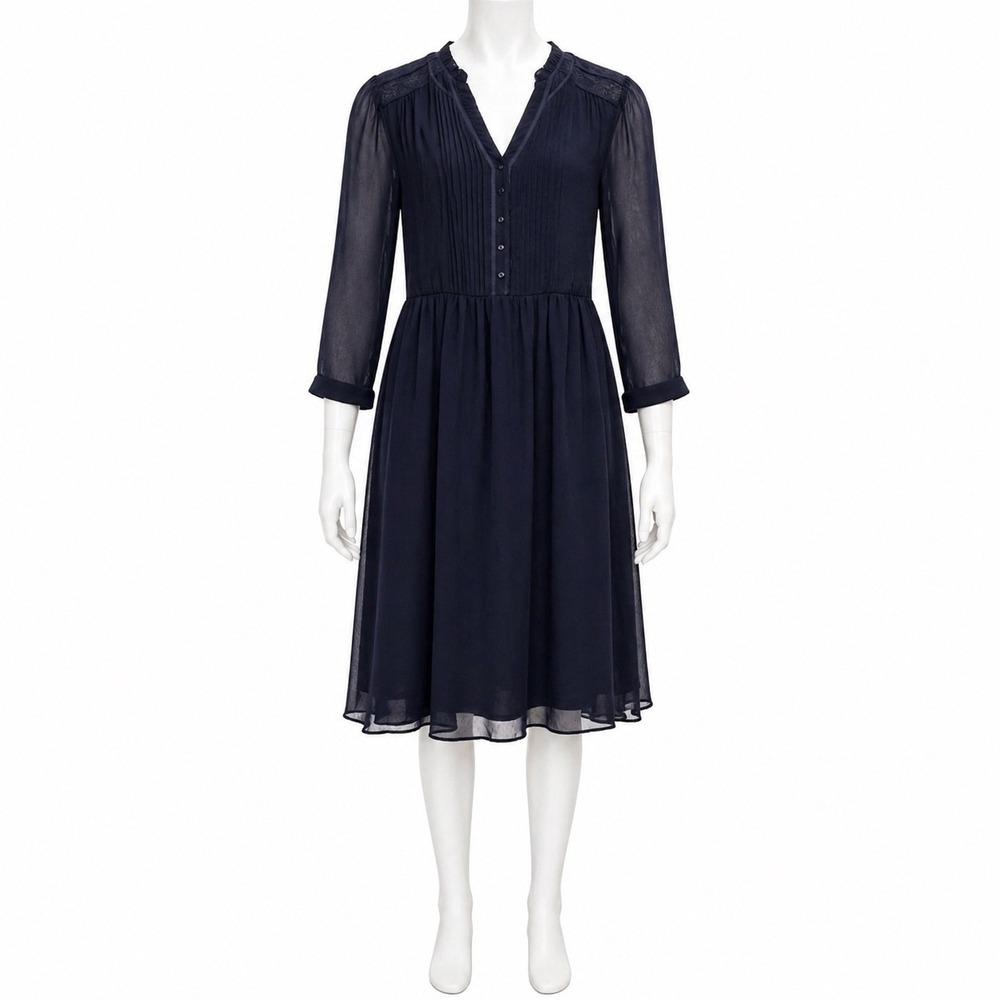 Massimo Dutti Dress Size 6 38 Navy Blue Swiss Dot Pleated V-Neck 3/4 Sleeve Midi